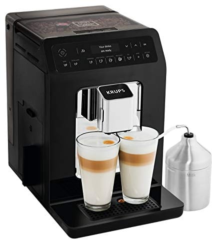 Krups Machine à café à grain avec pot à lait inox, 2 tasses simultanée, Ecran OLED, 15 boissons préenregistrées, Extra shot pour plus d’intensité, Nettoyage automatique, Evidence noire EA891810
