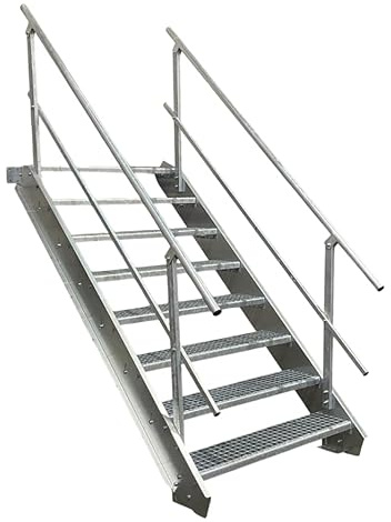 8 Stufen Stahltreppe mit beidseitigem Geländer/Breite 100 cm Geschosshöhe 120-160cm / Robuste Außentreppe/Wangentreppe/Stabile Industrietreppe für den Außenbereich/Inklusive Zubehör