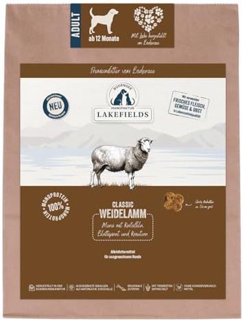 Lakefields Classic Hundefutter trocken | Lamm 60% | 1 kg | Getreidefreies Trockenfutter | Zutaten in Lebensmittelqualität | Kartoffeln, Blattspinat & Kräutern | Schonend gebacken