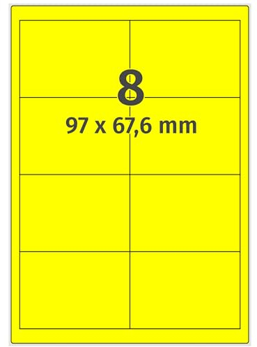 Farbige Etiketten auf A4 Bogen, neongelb - 97 x 67,6 mm - 800 Papier Aufkleber auf 100 Blatt, selbstklebende Laser-Etiketten fluorisierend leuchtfarbig