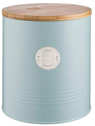 Typhoon Retro Sleek Design Embossed Stripe Stainless Steel Tea Coffee Sugar Cookie Bread Bin Storage Jar Canister Wooden Bamboo Lid Duck Egg/Blue (Cookies)