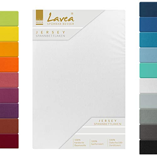 Lavea Spannbettlaken 180x200cm-200x200 - aus atmungsaktiver Baumwolle - Passgenau für Standardmatratzen bis 20cm - Weißes Bettlaken mit Gummizug - Jersey Spannbetttuch 180x200cm-200x200