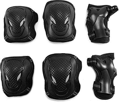 Qchomee Adults Teens Kids Protective Gear Set 6 in 1 Knee Elbow Pads Wrist Guards Protection Safety Outdoor Sports Bike Skateboarding Riding Cycling Scooter Rollerblading Roller Skating,Black