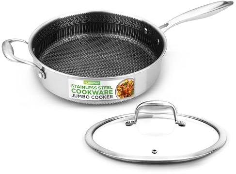 3.4QT Stainless Steel Jumbo Cooker - Triply Kitchenware Jumbo Cooker with Glass Lid - DAKIN Etching Non-Stick Coating, Scratch-resistant Raised-up Honeycomb Fire Textured Pattern - NutriChef NC3PSAUC