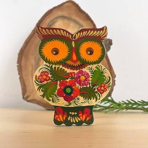 Weihnachtschmuck Eule aus Holz Handbemalt 9.5 х 6.5 х 0.5 cm Eulen Deko zum Aufhängen und Sammlerstück für Eulen Liebhaber, Vintage