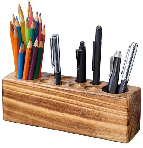 Hoffengwell Desk Pen Holder, Solid Wood Desk Pen Organizer, Rustic Wooden Pencil Holder, Fountain Pen Holder, Office Pens Holder for Desk, Fountain Pen Stand
