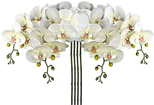 4 Stück Kunstblume Orchideenzweig Künstliche Phalenopsis Orchidee Dekorative Weiße Blumen Kunstzweig Deko Real-Touch Kunstblumen Wie Echt mit 9 Blüten
