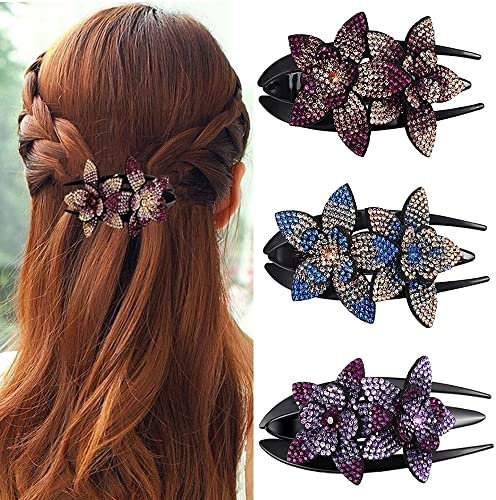 3 Stück Haarspange mit Strasssteinen Double Flower Strass Haarspangen Blumen Haarclip Perlen Haargreifer Haarklammer Rutschfest Langlebig Vintage Frisurhilfe Haarschmuck für Damen Braut Brautjungfern