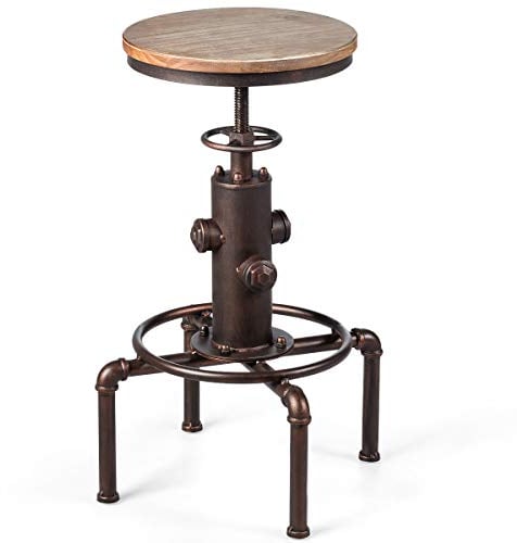 GIANTEX Barhocker höhenverstellbar 59,5-75 cm, Barstuhl drehbar Retro, runder Tresenhocker Bistrohocker mit Fußstütze, Küchenhocker Industrial aus Holz & Metall, Industrie-Hocker Holzhocker für Bars