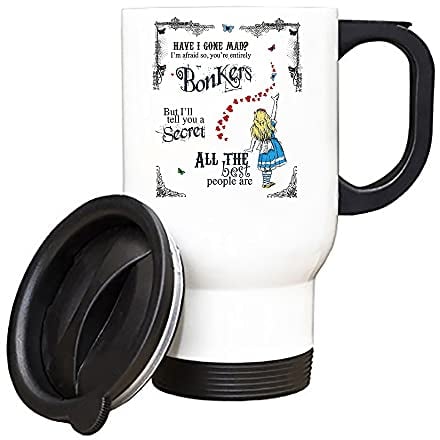 Alice in Wonderland Have I Gone Mad Birthday Gift Secret Santa Bonkers Hearts Travel Tea/Coffee Mug. (White)