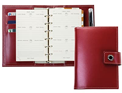 DELMON VARONE - Mini Pocket A6 Kalender 2025 Cambridge Top Grain Leder rot - Terminkalender Ringbuch & A-Z Telefonregister - Organizer Terminplaner mit Wochenansicht (1 Woche auf 2 Seiten)