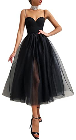 Onsoyours Damen A Linie Kleid Midi Kleid Ärmellos Volltonfarbe Gitter Herbst Frühling Spaghetti-Träger Party Romantisch Sexy A Schwarz M