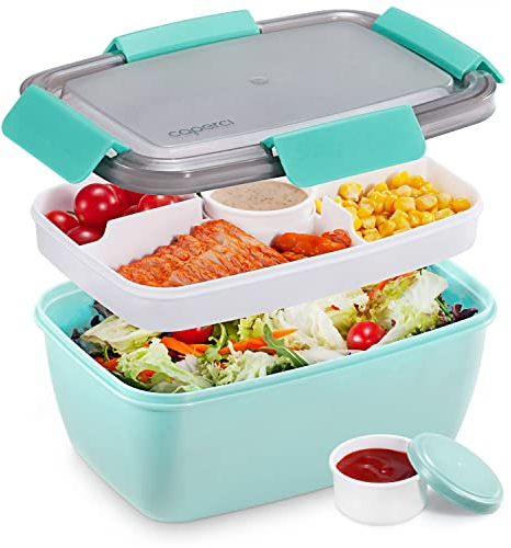 Caperci Large Salad Container Bowl for Lunch - Better Adult Bento Lunch Box 68 oz, 5-Compartment Tray, 2pcs 3-oz Sauce Cups, Stackable, BPA-Free (Aqua Sky)