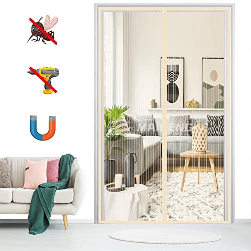 Magnet Fliegengitter Tür Insektenschutz, Magnetischer Fliegenvorhang Selbstklebend Moskitonetz ohne Bohren, für Balkontür Terrassentür Wohnzimmer-Beige|| 100x200cm(39x78inch)