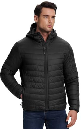 33,000ft Herren Leichte Steppjacke Outdoor Wasserbeständige Übergangsjacke Warme Winterjacke für Männer, Kapuze Wintermäntel Pufferjacke Verstaubar Schwarz L
