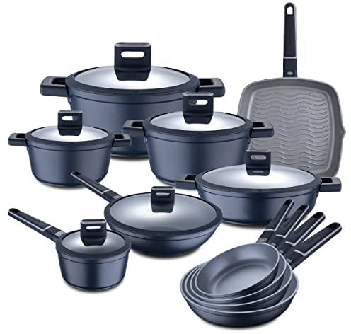 MasterPro Indigo Batería de Cocina Completa de 17 Piezas Aluminio Fundido Incluye Sartenes, Wok, Parrilla, Cacerolas y Cazo con TapasRevestimiento Xylan Plus Todo Tipo de Cocinas, BGKIT-0054