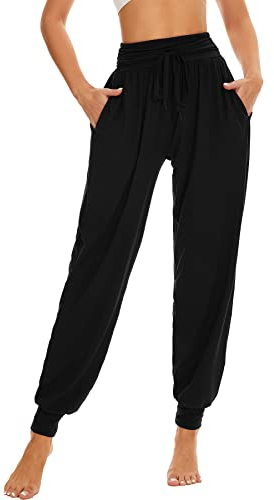 HAPYWER Haremshose Damen Lang für Sport Workout-Yogahose Jogginghose Sommerhose Leicht Weiche Lockere Bequem mit Groß Taschen-S-XXL