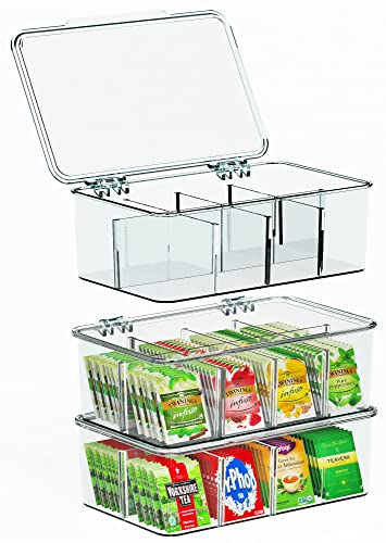 KICHLY Teebeutel Organizer 3er Pack - stapelbar Teebeutel Lagerung Veranstalter mit klaren Deckel Teebeutel Halter für Arbeitsplatten, Küchenschränke, Vorratskammern, Süßungsmittel, Kunststoff (Klar)