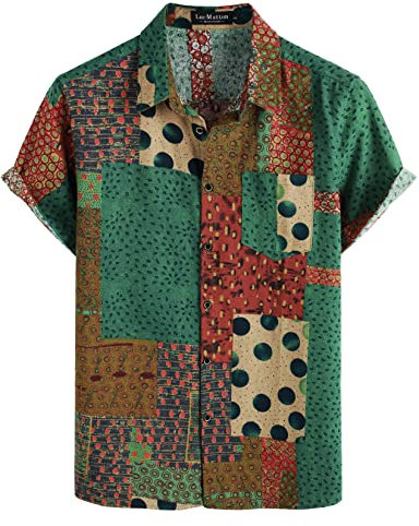 LucMatton Men's Casual Linen Breathable African Print Shirt Summer Short Sleeve Button up Hawaiian Tops Green Medium