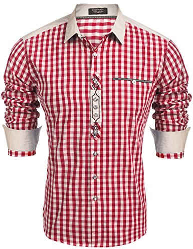 COOFANDY Herren Hemd Karriert Oktoberfest Hemd Trachtenhemd Freizeithemden Karohemden Plaid Shirt Oberteil mit Baumwolle Hemd für Männer winerot 2XL