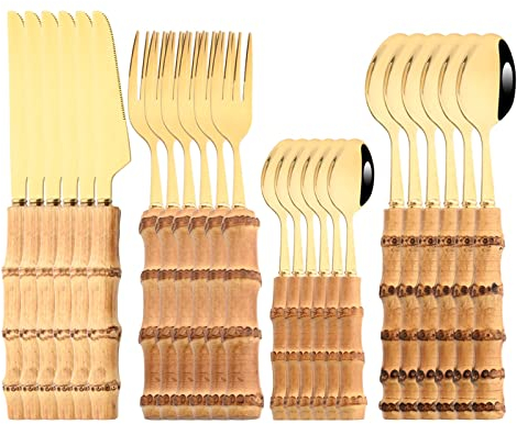 NEPIAN Manico in bambù Naturale Stoviglie in Argento 24 Pezzi Set di Posate da Cucina Occidentale in Acciaio Inossidabile Set di Posate Cucchiaio forchetta Leisurely (Color : Bamboo-Brown Gold)