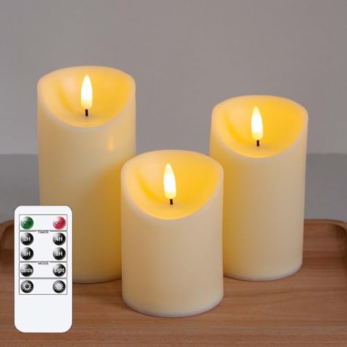 Yeelida Flammenlose LED-Kerzen mit Fernbedienung, Packung mit 3 batteriebetriebenen flackernden Timer-Funktion Säulenkerzen für Heimdekoration (7,5x10,12,5,15cm)
