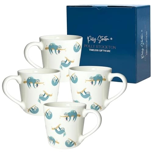 Polly Stockton Swing Sloths Mugs - Ceramic Coffee & Tea Mugs with Charming Animal Design. Tasteful Everyday Homeware, a Thoughtful Gift for All Animal Lovers - Set of 4, 400ml Capacity.
