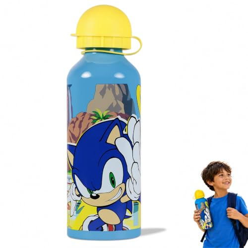 HOVUK Sonic Character Kinder-Wasserflasche für die Schule, 500 ml, auslaufsicher, Aluminium, gelb, Trinkwasserflasche, 21 cm, BPA-frei, niedliche Flasche für Kinder ab 3 Jahren