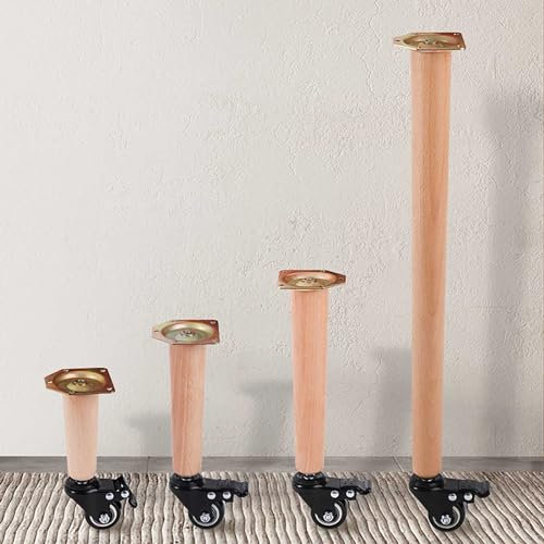 4 Piezas Patas para Muebles Madera,Patas Inclinadas Cónicas con Placa de Montaje Patas de Madera,para Sofá,Cama,Sillón,Gabinete,Con ruedas (70CM,vertical)