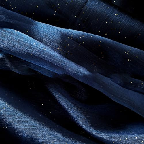 Whakano 1m Glänzend Sternenhimmel Druck Organza Stoffe zum Nähen Meterware,Chiffon Stoff 150cm Breit,Plissierter Stoff Tüll,für Nähen Basteln,Gardine Vorhänge,Kostüm Kleid Bekleidung,Dunkelblau