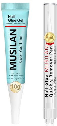 MUSILAN Semi solide Colle à ongles pour ongles10g avec Stylo Dissolvant de Colle 6ml, Nail Glue extra forte Pressés Application Sans Desordre Pour Nail Extensions