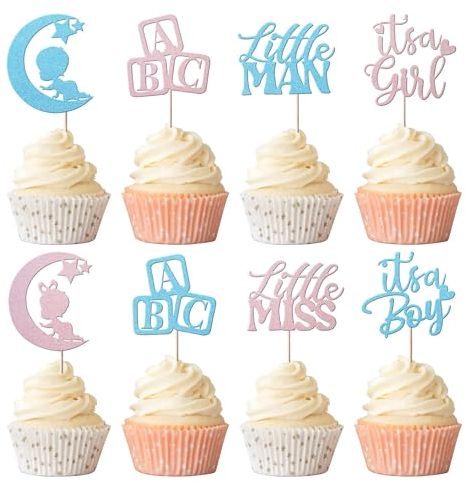 Xsstarmi 24 Packung Geschlecht Offenbaren Cupcake Toppers Glitzer Junge oder Mädchen Cupcake Picks für Gender Reveal Baby Shower Geburtstag Party Kuchendekoration