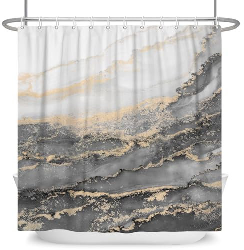 ASDCXZ Rideau de douche en marbre gris, 180 x 180 cm, moderne, abstrait, gris, blanc, doré, dégradé aspect marbré, texture marbrée, lavable, rideau de douche en polyester, imperméable, pour baignoire,