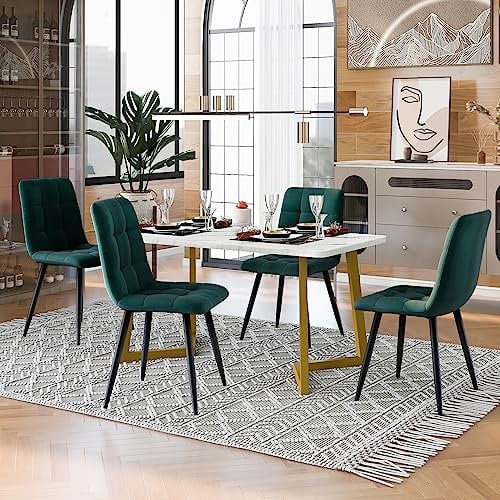 Lexiou Esstisch mit 4 Stühlen Set, Rechteckiger Esstisch Moderner Küchentisch Set,Esszimmerstuhl,Golden Tischbeine (Samt, Dunkelgrün)