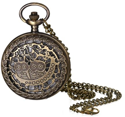 JewelryWe Taschenuhr Herren Eule Uhr: Vintage Bronze Analog Quarz Kettenuhr Cartoon Hohle Eulen Uhr Anhänger mit Halskette Kette Pocket Watch Geschenk für Männer Frauen