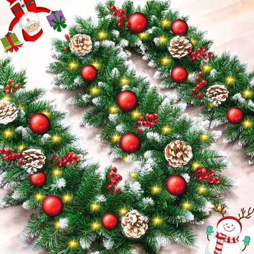 MWZEAUL Weihnachtsgirlande, Künstliche Tannengirlande 2,7 M, Weihnachts Tannengirlande mit Beleuchtung LED, Weihnachtsbaum Lichtgirlande, Künstliche Rattan Girlande, für Kamin tür Deko Aussen