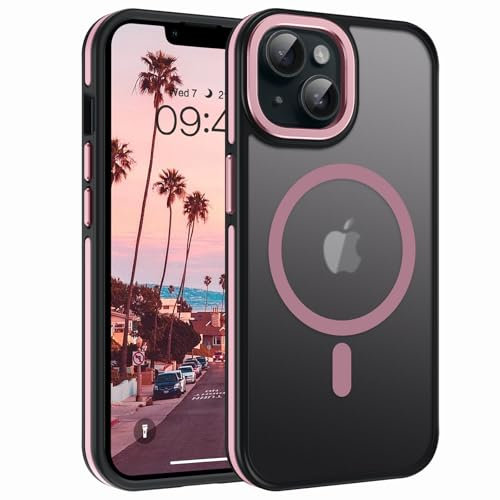 DOMAVER Coque Magnétique Four iPhone 13/14 6,1 [Compatible avec MagSafe], Panneau Arrière Translucide Mat, Housse Protection Rigide AntiRayures Universelle pour iPhone 13/14, Contraste Noir et Rose