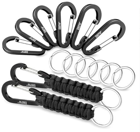 BOPHIS Paracord Keychain Carabiner Clips 2 pcs Umbrella Cord Keychain,15.5cm;6 pcs Mountaineering Buckle,6cm;6 pcs ring,3cm,Paracord Carabiner Clip Black,Paracord Keyrings with Snap Hook,Rope Keyring