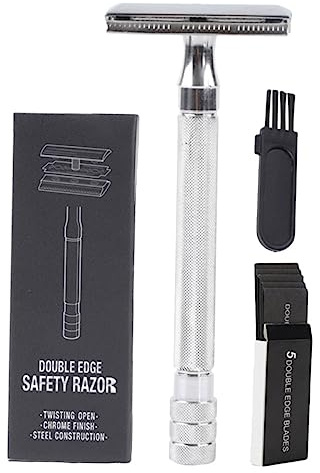 Handrasierer Sicherheitsrasierer mit Doppelklinge aus Metall Silber | Aluminiumlegierung, Zinklegierung und Edelstahl, mit Aufbewahrungsbox, für Zuhause und Reise