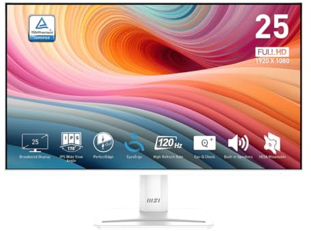 MSI PRO MP251W E2 24.5-inch IPS 1920 x 1080 (FHD) Gaming Office Monitor, 120Hz, Adaptive-Synch, HDR Ready, HDMI, VGA Port, Display Port,VESA Mountable, Tilt, Speaker, 4-Side Slim Bezel,1ms, White