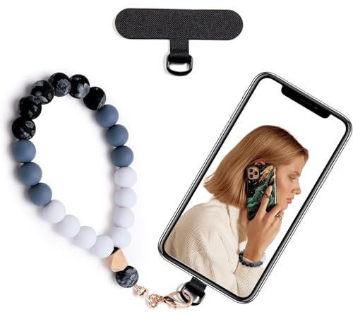 LunarCharm Silikonperlen-Handgelenkschlaufe, Handy-Lanyard mit Handy Lanyard Pads, elastisches Freisprech-Handy-Armband, handy kette für die Meisten Smartphones, Schwarz