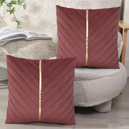 XIEJINJIA Set of 2 Velvet Cushion Cover with Gold Leather Pillowcase Farmhouse Throw Pillow Covers for Garden Couch Sofa Bed Living Room 45x45 cm 18x18 Dusty Rose