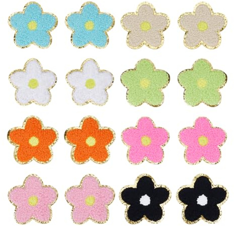 HOBBIESAY 8 Farbe 16 Stück Blumen Aufnäher Zum Aufbügeln Chenille Flicken Mit Goldenen Rändern Bunte Blumen Aufnäher Dekorativer Reparaturflicken Für Kleidung Taschen Westen Bastelarbeiten