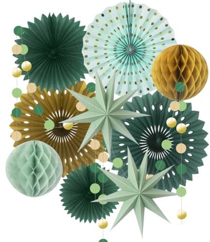 ADLKGG Sage Party Decorations, Green and Gold Hanging Paper Fans Circle Garland Paper Lanterns, Sage Green Themed Birthday Neutral Baby Shower Wedding Bridal Shower Graduation Party Supplies