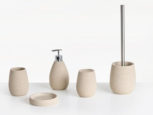 Badaccessoires Set 5-teilig Kunstharz Hellbeige Seiloptik Badausstattung Quila