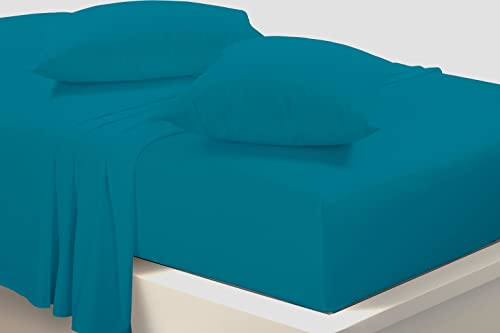 clicktostyle Non Iron 4pc Sheet Set Fitted Sheet + Flat Sheet + Pillow Cases Wrinke Free Poly Cotton Bed Sheets Percale Bedding Sets Single Double King Super King (Teal, Super King)