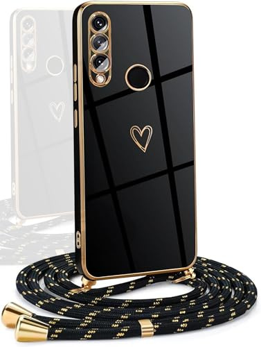 YAMCCCSE Handykette für Huawei P30 Lite Hülle mit Band,Stoßfeste Silikon Handyhülle mit Love Herz Galvanik Kordel Schutzhülle,Frauen Mädchen Huawei P30 Lite Hülle mit Band,Schwarz Gold
