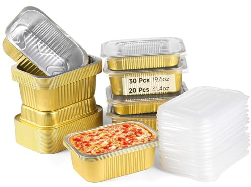 YOFAPA 50 Pcs Aluminum Pans with Lids, Heavy Duty Foil Baking Tins, Disposable Takeout Pans, Leftover Food Containers, Microwave Safe Dishes for Cooking, Heating, Meal Prep, 2 Sizes