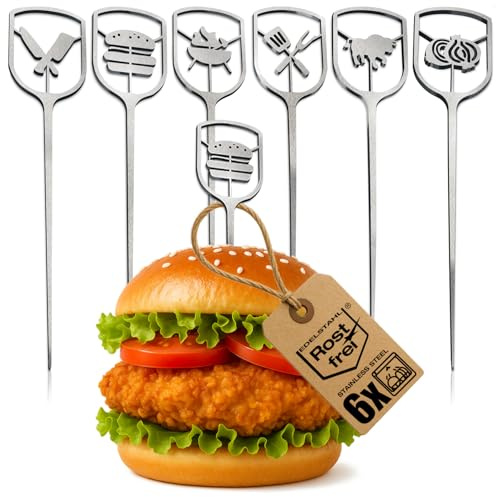 com-four® 6 Stainless Steel Burger skewers 16 cm, Metal Picks with Wide | kitchen - BBQ accessory for stylish serving
