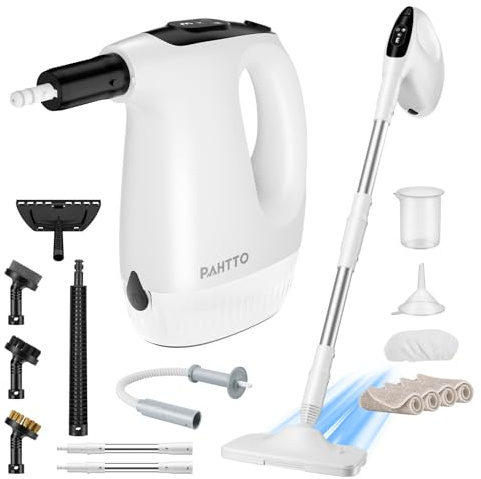 PAHTTO Pulitore a vapore con unità portatile rimovibile, 17 accessori e serbatoio dell'acqua da 500 ml, tempo di riscaldamento di 15 secondi, potenza del vapore regolabile, per uso domestico